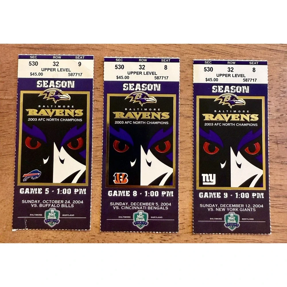 Lot Of 3 NFL 2004 Baltimore Ravens Ticket Stubs Bills, Bengals & Giants.